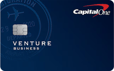 Blue credit card with a white and red Capital One bank logo in the top right corner and the words Venture Business in the middle of the left side.