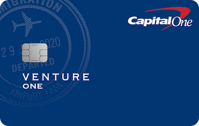 Blue credit card with a white and red Capital One bank logo in the top right corner and the words Venture One in the middle of the left side.