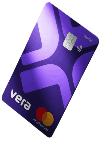 Purple vertically-oriented credit card with a silver Vera logo in the bottom left corner and a color Mastercard logo in the bottom right corner.