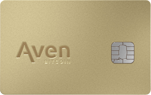 Metallic gold credit card with Aven workmark and the word bitcoin in the center. No credit card network logo on the front.