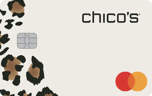 Off-white credit card with cheetah-print markings down the left side. Chico's logo in the top right corner and Mastercard logo in the bottom right corner.
