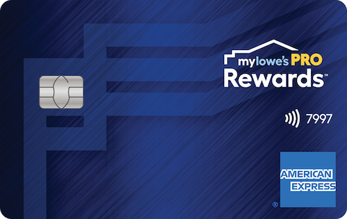 Blue credit card with the mylowe'sPRO Rewards logo in the top right corner and the American Express logo in the bottom right corner.