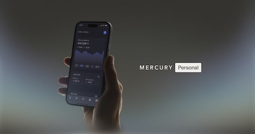 A hand holding a phone with a mockup of Mercery Personal banking app